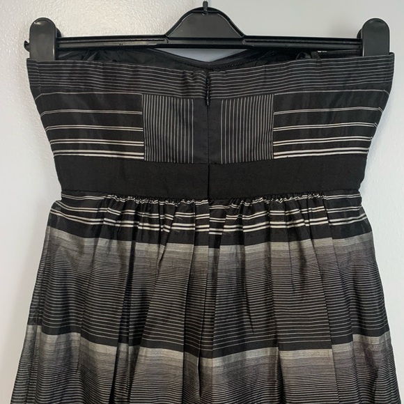 Navy White Stripe Strapless A Line Midi Formal Dress